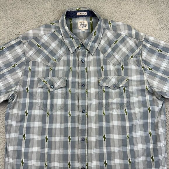 Moon Shine Pearl Snap Shirt Mens Large Blue Plaid Cactus Regular Fit Western - Picture 2 of 16